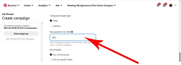 How to search Pinterest for keyword search volume 4 scroll down and input your budget. Use any amount since we are