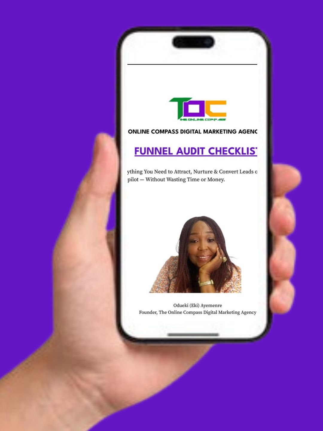 A business owner holding a smartphone displaying the Funnel Checklist, designed to help B2B small business owners automate lead generation and sales.