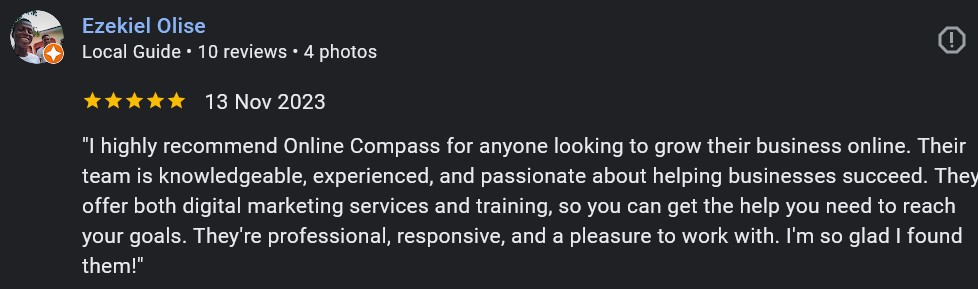 Screenshot of a 5-star Google review from a student praising our digital marketing training, highlighting the practical lessons and real-world projects.