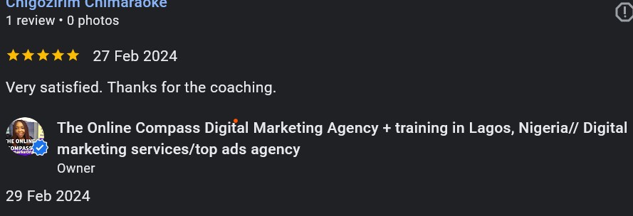 Screenshot of a 5-star Google review from a student praising our digital marketing training, highlighting the practical lessons and real-world projects.<br />
