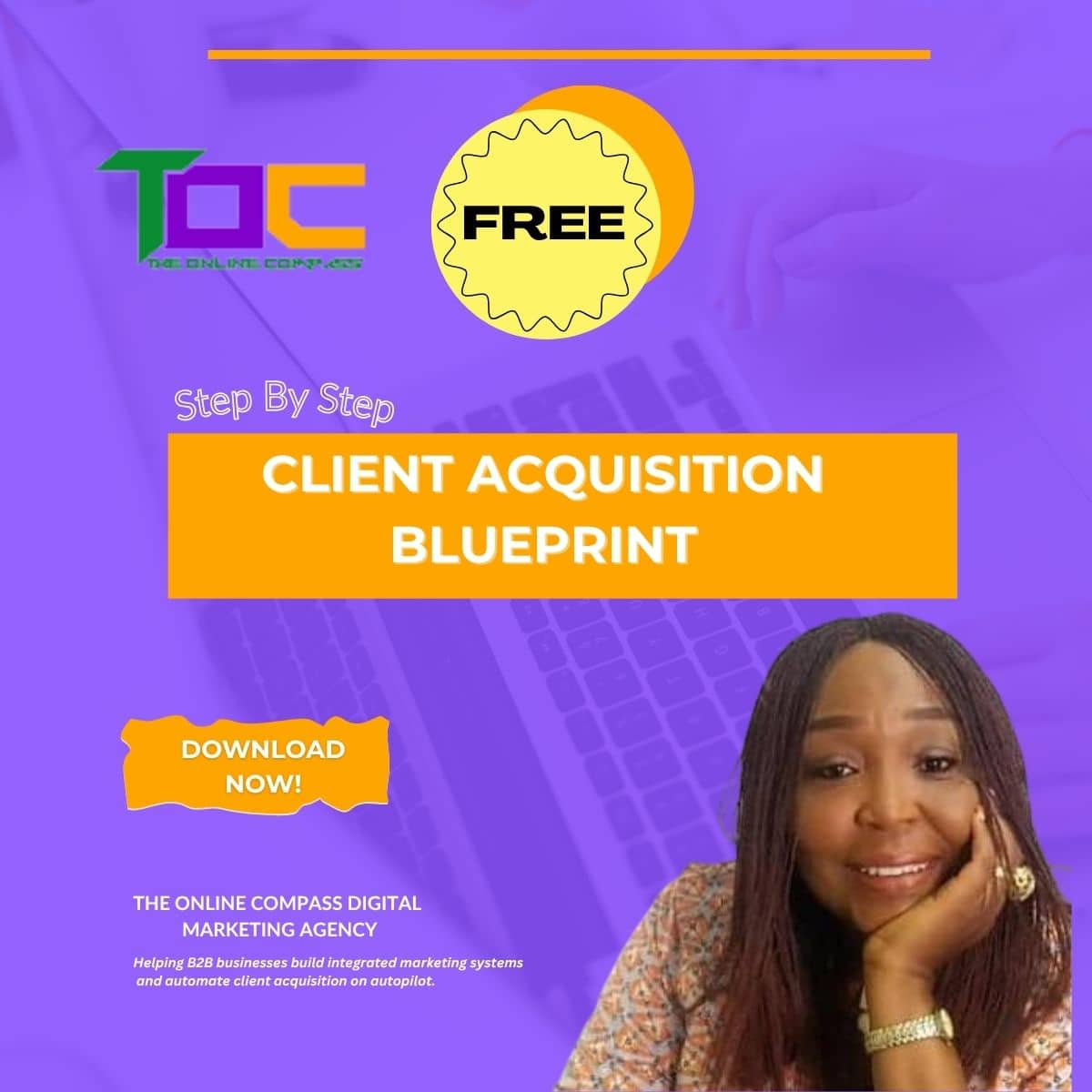 B2B Client Acquisition System; 3D mockup of The Online Compass B2B Client Acquisition Blueprint guide for international revenue growth