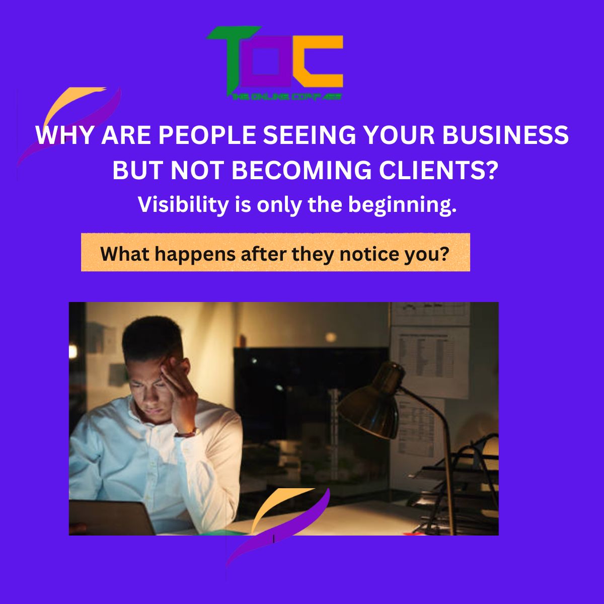 Visibility but no consistent clients Business owner with online visibility but no consistent clients</p>
<p>